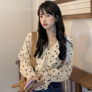 Dotted Ruffle Trim Blouse Black Dots - Almond - One Size