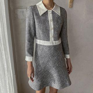 Contrast-collar A-line Tweed Dress
