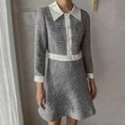 Contrast-collar A-line Tweed Dress