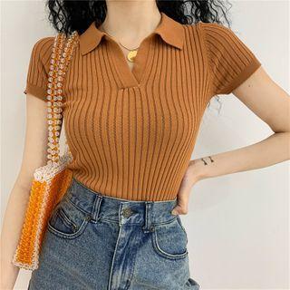 V Neckline Striped Short-sleeve Top