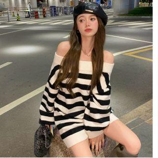 Off-shoulder Striped Mini Sweater Dress White - One Size