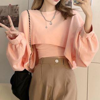 Set : Long-sleeve Oversize Cropped Sweatshirt + Plain Camisole Top