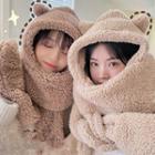 Bear Earring Chenille Hooded Scarf With Mittens