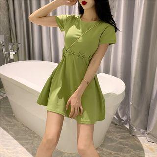 Short-sleeve Lace-up Plain Dress