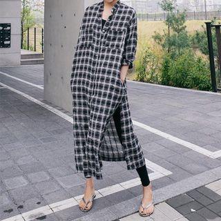 Long-sleeve Plaid Slit-hem Midi Shirtdress