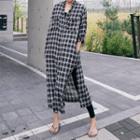 Long-sleeve Plaid Slit-hem Midi Shirtdress