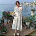 Set: Puff-sleeve Button-up Top + Midi A-line Skirt