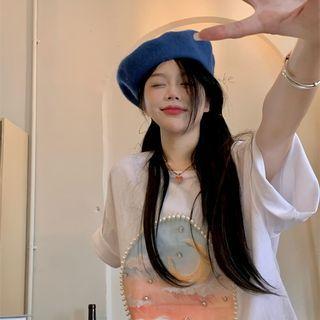 Short-sleeve Faux Pearl Crescent Print T-shirt White - One Size