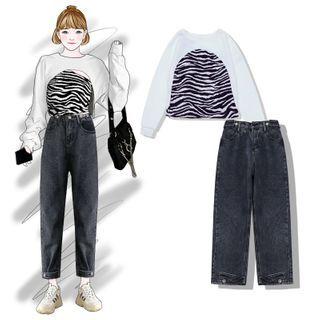 Cropped Pullover / Zebra Print One-shoulder Top / Straight Leg Jeans
