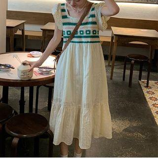 Cap-sleeve Pattern Knit A-line Dress Almond - One Size