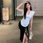 V-neck Plain Split Tank Top White - One Size