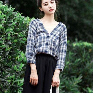 V-neck 3/4 Sleeve Checked Shirt