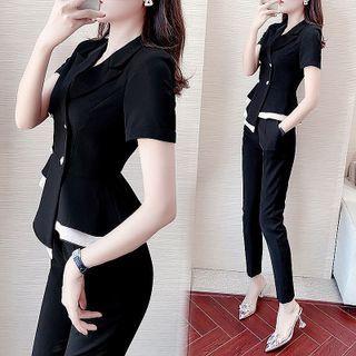 Set: Short-sleeve Contrast Trim Peplum Blouse + Straight Leg Pants