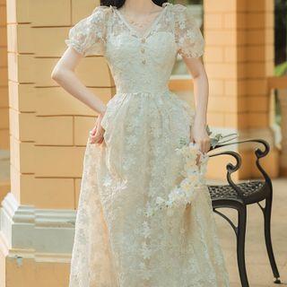 Short-sleeve Embroidered Lace Midi A-line Dress
