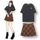 Bear Embroidered Short-sleeve T-shirt / Plaid Mini A-line Skirt