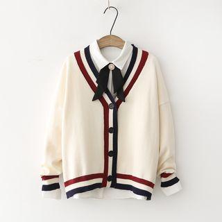 Contrast Trim V-neck Cardigan Without Shirt - Off-white - One Size