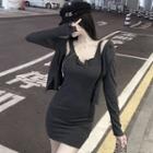Set: Plain Tank Top + Light Jacket Set Of 2 - Gray - One Size