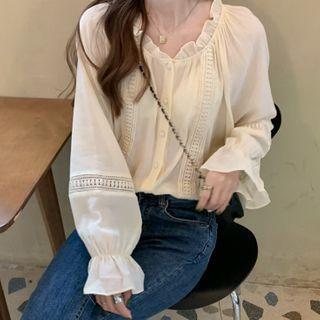 Ruffled Bell-sleeve Chiffon Blouse Almond - One Size
