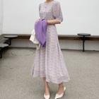 Half-placket Floral Print Chiffon Dress Purple - One Size