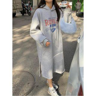 Long-sleeve Lettering Hooded Midi Dress Gray - One Size
