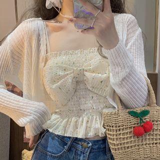 Spaghetti-strap Floral Bow A-line Dress / Cropped Camisole Top / Cardigan