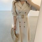 Belted Short-sleeve Double-breasted Midi A-line Dress Almond - One Size