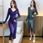Long-sleeve Glitter Midi Bodycon Dress