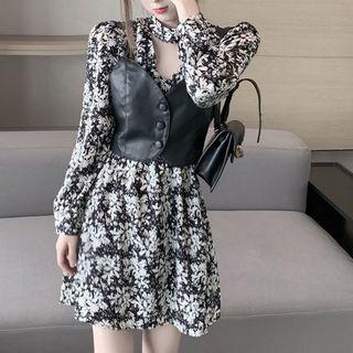 Faux Leather Camisole Top / Long-sleeve Floral Print Dress