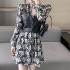 Faux Leather Camisole Top / Long-sleeve Floral Print Dress
