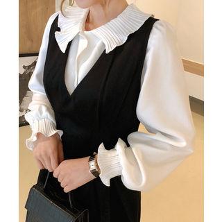 Pleated-collar Balloon-sleeve Blouse