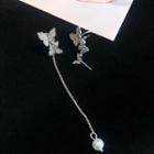 Non-matching Rhinestone Butterfly Faux Pearl Dangle Earring 1 Pair - Silver Needle - As Shown In Figure - One Size
