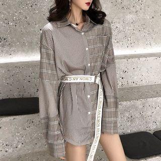 Plaid Panel Pinstripe Long-hem Shirt With Belt - Shirt - Dakr Gray - One Size