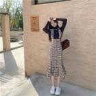 Lantern-sleeve Mock-neck Top / Plaid Slit Midi Sheath Overall Dress