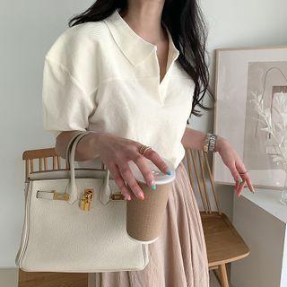 Puff-sleeve Collared Knit Top