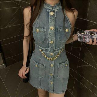 Sleeveless Chain Denim Button Mini Sheath Dress