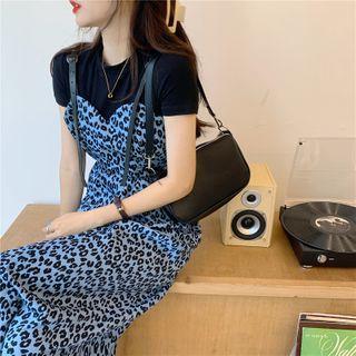 Spaghetti Strap Leopard Print Midi A-line Dress Leopard - Black & Blue - One Size