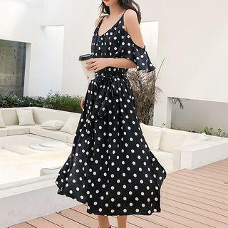 Elbow-sleeve Cold Shoulder Dotted A-line Midi Dress