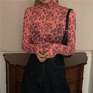 Long-sleeve Floral Print Mesh Top