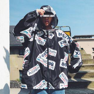 Couple Matching Printed Zip Hooded Windbreaker