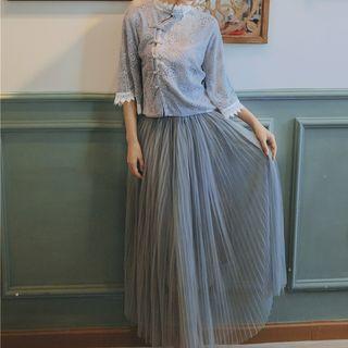Set: Mandarin Collar 3/4-sleeve Lace Top + Accordion Pleat Midi Skirt
