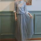 Set: Mandarin Collar 3/4-sleeve Lace Top + Accordion Pleat Midi Skirt