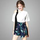 Set: Cutout-shoulder Top + Floral Shorts