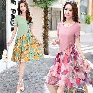 Set: Frilled Cuff Chiffon Top + Floral Midi Skirt