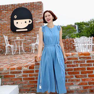 Sleeveless Denim Jumpsuit With Sash