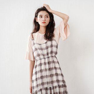 Set: Short-sleeve Top + Spaghetti Strap Plaid A-line Midi Dress