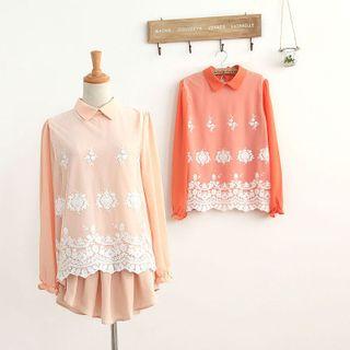 Embroidered Mesh Panel Chiffon Top