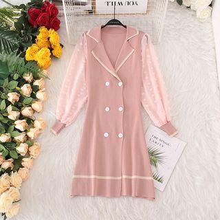 Long-sleeve Chiffon Panel Mini Knit Dress Pink - One Size