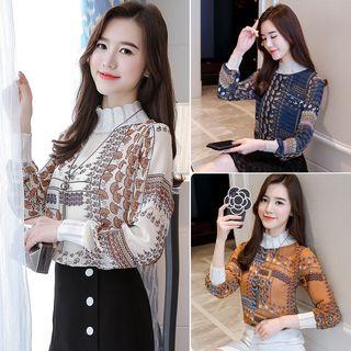 Long-sleeve Mock Neck Print Chiffon Top