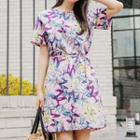Short-sleeve Floral Print Dress With Cord
