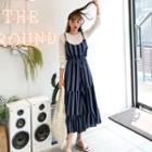 Patterned Tiered Wide-leg Jumpsuit With Sash Navy Blue - One Size
